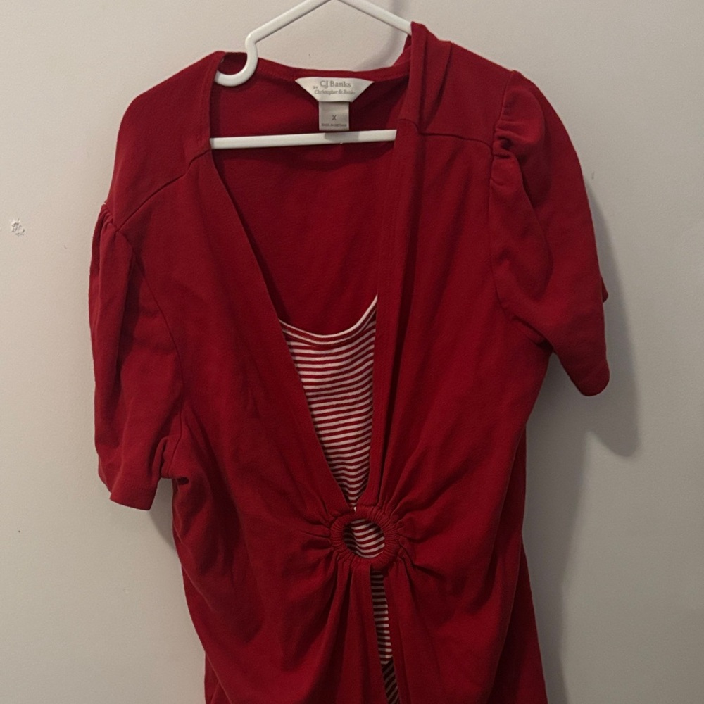 CJ Banks Red Blouse with Ring Accent